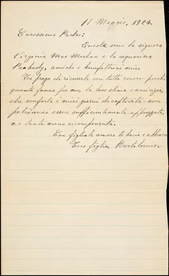 Bartolomeo Vanzetti autographed note signed to [Giovanni Battista Vanzetti], [Charlestown], 11 May 1924