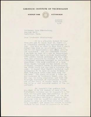 Bingham, Walter Van Dyke, 1880-1952 typed letter signed to Hugo Münsterberg, Pittsburgh, 15 January 1916