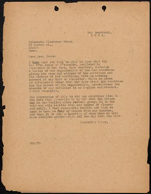 [Fred H. Moore] typed letter (copy) to Elizabeth Glendower Evans, [Boston, Mass.], May 20, 1924