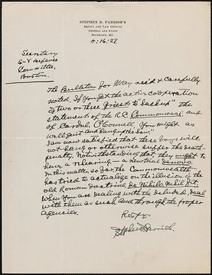 Stephen D. Parrish autograph letter signed to Sacco-Vanzetti Defense Committee, Richmond, Ky., May 16, 1927