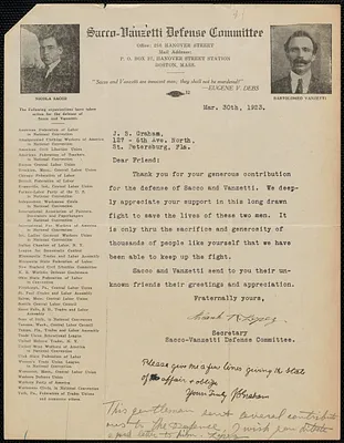 Frank R. Lopez (Sacco-Vanzetti Defense Committee) typed letter signed to J. S. Graham, Boston, Msss., March 30, 1923