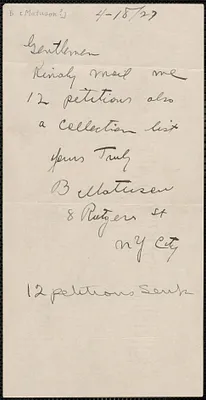 B. [Matuson?] autograph note to Sacco-Vanzetti Defense Committee, New York, New York, April 18, 1927