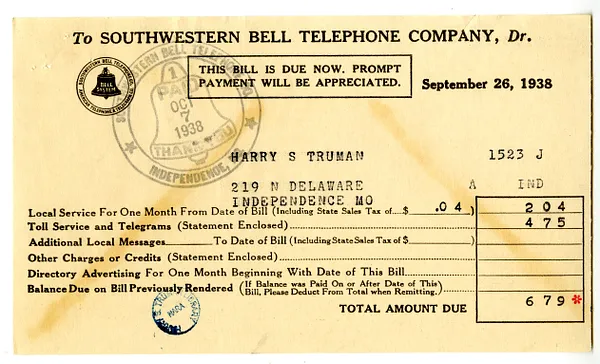 Bill from Southwestern Bell Telephone Company to Harry S. Truman