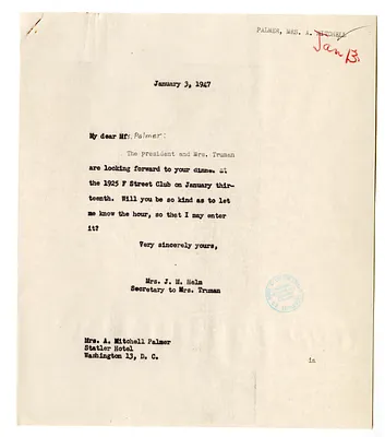 Letter from Mrs. A. Mitchell Palmer to Bess W. Truman with a Reply from Edith Helm with Related Notes