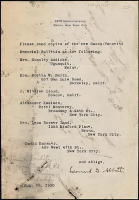Leonard D. Abbott (The Square Deal) typed note signed to Sacco-Vanzetti Defense Committee, New York, N. Y., August 28, 1930