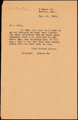 Elizabeth Glendower Evans typed note (copy) to Nicola Sacco, Boston, 21 February 1927