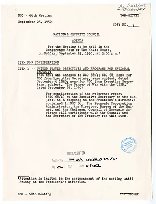 Agenda for the Sixty-Eighth Meeting of the National Security Council