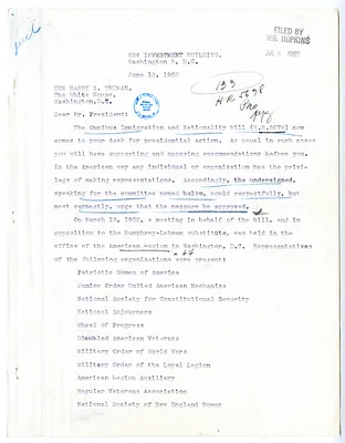 Letter from Maurice Thatcher and Welburn Mayock to President Harry S. Truman with Attachments