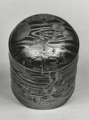 Tiered Hair-Oil Container with Pine and Plum Trees by a Stream