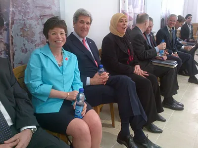 Valerie Jarrett and John Kerry at Ramallah's Al-Bireh Youth Center