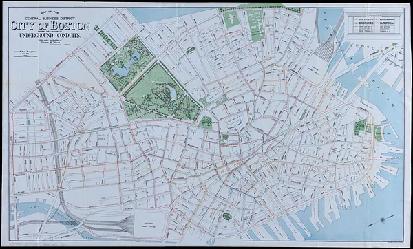 Map of the central business district city of Boston showing the location of underground conduits