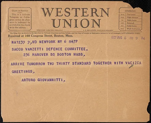 Arturo Giovannitti telegram to Sacco-Vanzetti Defense Committee, New York, N.Y., August 6, 1927