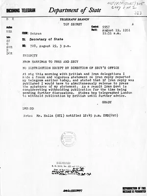 Telegram from Ambassador Henry Grady to Secretary of State Dean Acheson, Number 708