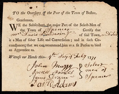 Timothy Foster indentured to apprentice with David Baldwin, Jr. of Spencer, 14 February 1771