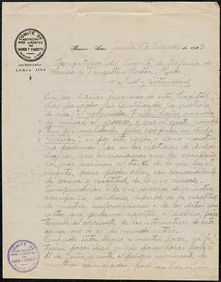 E. Loreley (Comité de Agitacion pro Libertad de Sacco y Vanzetti) autograph letter signed, in Spanish, to Sacco-Vanzetti Defense Committee, Buenos Aires, Argentina, June 17, 1927