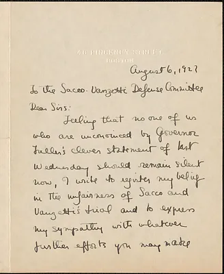 Barbara Randall autograph note signed to Sacco-Vanzetti Defense Committee, Boston, Mass., August 6, 1927