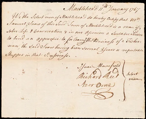 Robert Wharff indentured to apprentice with Samuel [Sam] Snow of Marblehead, 14 January 1767