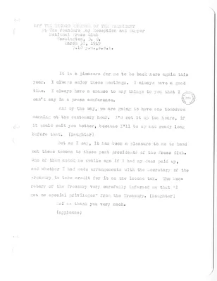 Memorandum, Off the Record Remarks of President Harry S. Truman at the Founders Day Reception and Supper at the National Press Club in Washington, D.C.