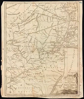 A New and accurate map of the present seat of war in North America, comprehending New Jersey, Philadelphia, Pensylvania, New-York, &c