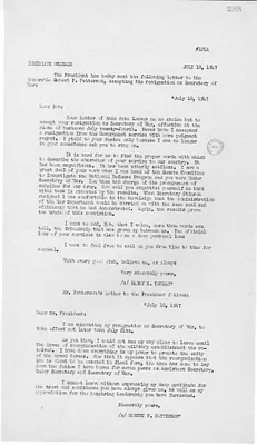 Press Release, Correspondence Between President Harry S. Truman and Robert Patterson