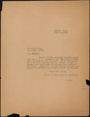 Sacco-Vanzetti Defense Committee typed note (copy) to Frederic W. Raper, Boston, Mass., July 15, 1927