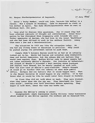 Dr. Kauper, Oberburgermeister of Bayreuth, interview notes (1 of 2)