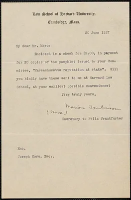 Marion Tomlinson typed note signed to Joseph Moro, Cambridge, Mass., June 30, 1927