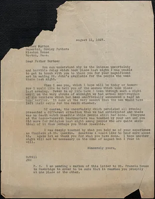 Creighton J. Hill typed letter (copy) to Spencer Burton (Mission House, Society of St. John the Evangelist), [Boston Mass.], August 11, 1927