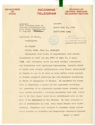 Telegram from Alexander Kirk to Secrertary of State Edward Stettinius