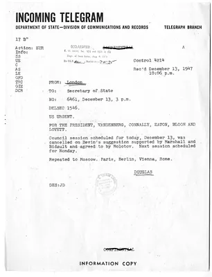 Telegram from Lewis Douglas to Secretary of State George Marshall