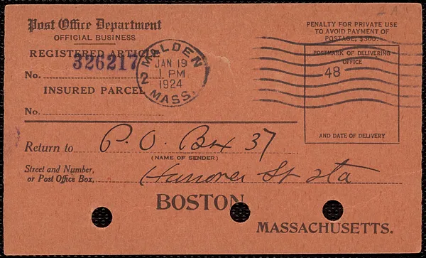 Post Office Department printed form to Sacco-Vanzetti Defense Committee, New York, N. Y., January 19, 1924
