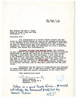 Letter from Cyril Leverock to Admiral William Leahy
