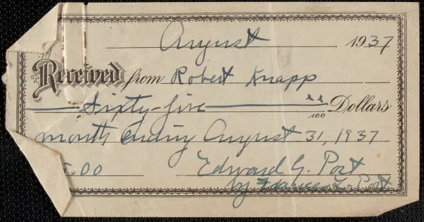 Receipt for $65 paid by Robert Knapp on August 31, 1937