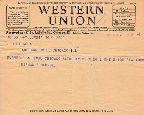 Telegram to H.H. Barker, November 8, 1929