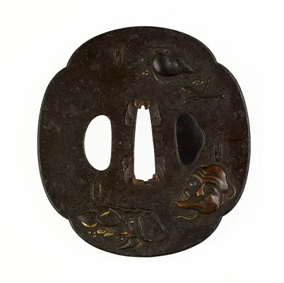 Tsuba with Fish, Shells and Mask
