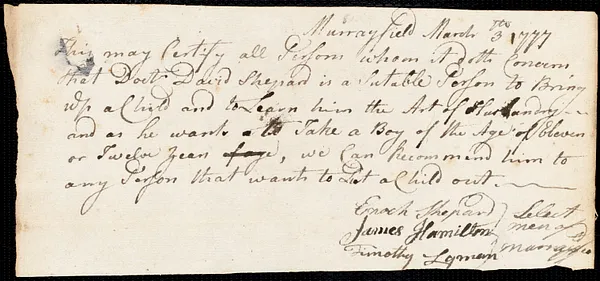 Joseph Glossip indentured to apprentice with David Sheppard of Murrayfield, 18 March 1777