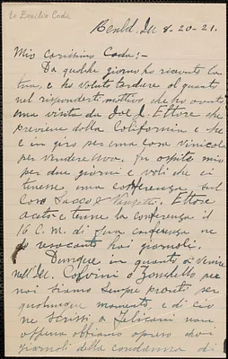 J. Barra autograph letter signed, in Italian, to Emilio Coda, Benld, Ill., August 20, 1921