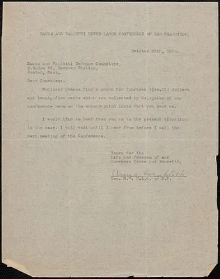 Anna Cornblath (Sacco-Vanzetti United Labor Conference, San Francisco) typed note signed to Sacco-Vanzetti Defense Committee, San Francisco, Calif., October 28, 1926
