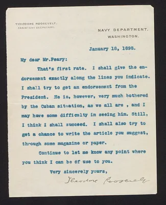 Letter from Theodore Roosevelt, Assistant Secretary of the Navy, to Robert E. Peary