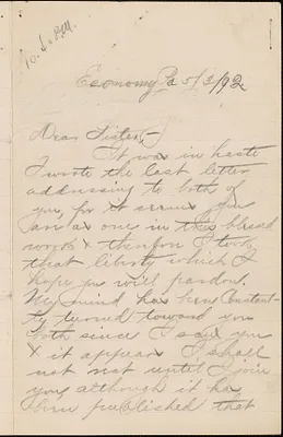 David autograph letter signed to [Victoria Woodhull Martin], Economy, Pa., March 5, [18]92
