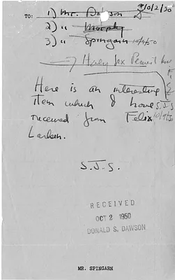 Note from Stephen Spingarn to Donald Dawson with Attached Letter from Felix E. Larkin to Francis D. Flanagan