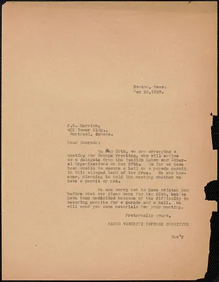 Sacco-Vanzetti Defense Committee typed letter (copy) to F.W. Garrish, Boston, Mass., May 25, 1927
