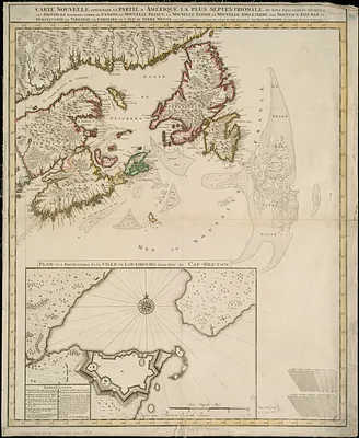 Carte nouvelle contenant la partie d'Amerique la plus septentrionale, ou sont exactement dêcrites les provinces suivantes comme le Canada ou Nouvelle France, la Nouvelle Ecosse, la Nouvelle Angleterre, les Nouveaux Païs Bas, la Pensylvanie, la Virginie, la Caroline et l'Jle de Terre Neuve avec les profondeuis le long des côtes et sur les bancs