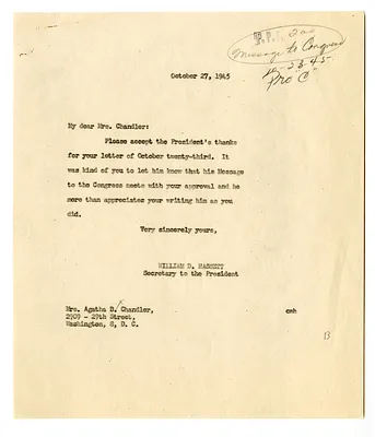 Letter from Agatha Chandler to President Harry S. Truman with a Reply from William D. Hassett