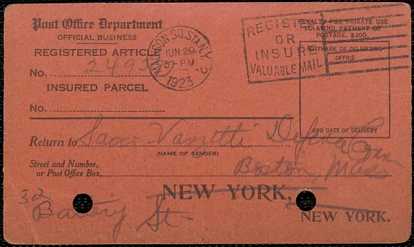 Post Office Department printed form to Sacco-Vanzetti Defense Committee, New York, N. Y., June 29, 1923