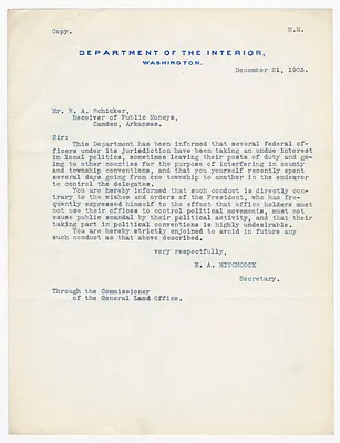 Copy of a Letter from E. A. Hitchcock from E. A. Schicker