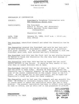 President's Telephone Conversation with FRG Chancellor Helmut Kohl, January 23, 1989