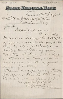 A.A. McFadon autograph letter signed to Victoria Woodhull Martin, Omaha, March 1888