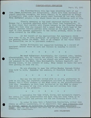 Clearing House September 1961 Newsletter