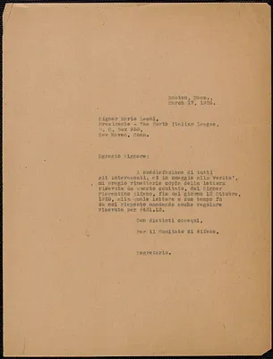 Sacco-Vanzetti Defense Committee typed letter (copy), in Italian, to Mario Leoni, Boston, Mass., March 17, 1926